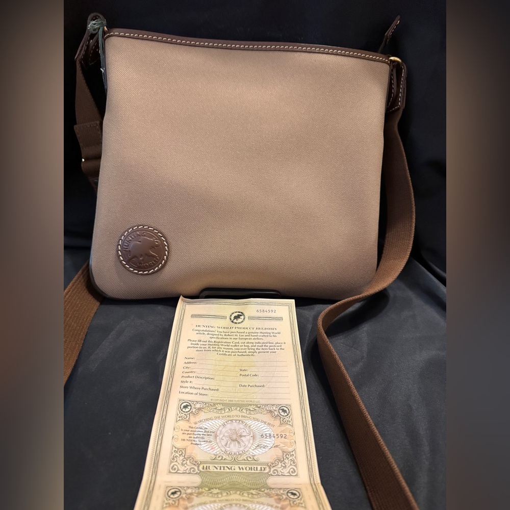 NWT Hunting World Elegant Canvas Khaki Logo Bag Leather Trim and Gold Hardware